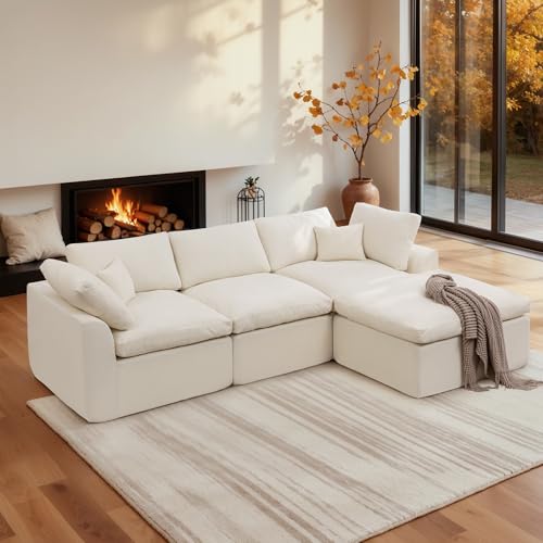 112" Cloud Sectional Couches for Living Room, Modern Modular Sectional Sofa with Ottoman, Boneless Cloud Couch with Comfy Deep Seats, Fluffy Chenille L-Shape Sofa Couch for Living Room, Beige