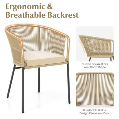 Patio Chairs Set of 4, Outdoor Accent Chairs with Woven Rope Curved Backrest & Armrests, Seat Cushion, Adjustable Foot Pads, Modern Dining Chair for Dining Room, Patio, Backyard, Beige
