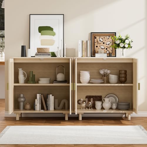 Rattan Storage Cabinet, Beige Boho Sideboard with Adjustable Shelf, Magnetic Door Latch. [2pcs, Beige]