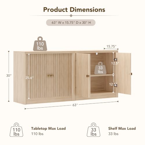 63" Sideboard Buffet Cabinets Set of 2 with Storage, view 3