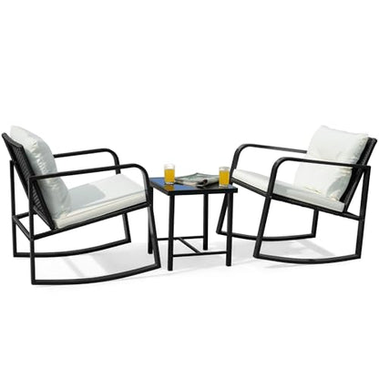 Patio Chairs 3 Piece Wicker Rocking Chair Outdoor Bistro Sets with Coffee Table and Cushions Metal Frame Patio Furniture for Porch, Balcony, Lawn (White)