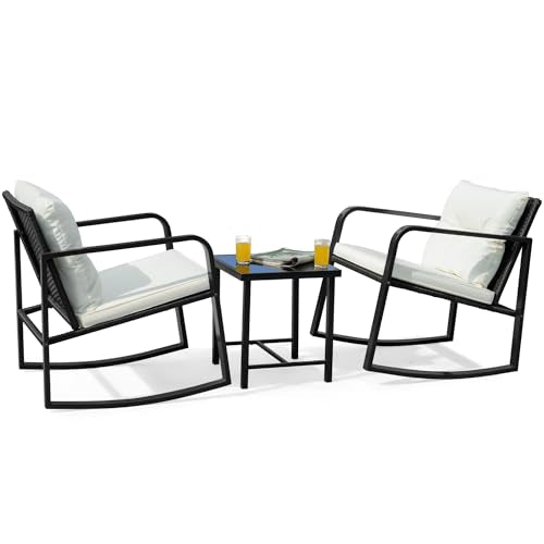 Patio Chairs 3 Piece Wicker Rocking Chair Outdoor Bistro Sets with Coffee Table and Cushions Metal Frame Patio Furniture for Porch, Balcony, Lawn (White)