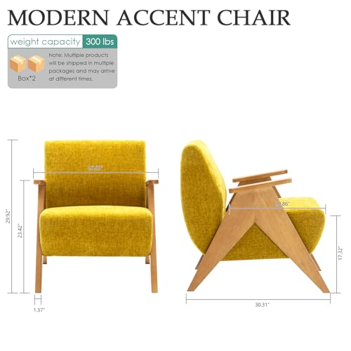 Home Accent Chair Mid Century Modern Accent Chair with Wood Frame, Lounge Upholstered Armchair, Reading Chair, Sturdy Base,For Living Room, Bedroom,Office,Comfy Guest Waiting Room Chairs,Yellow