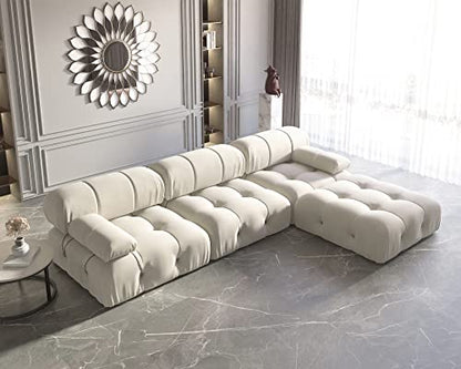 L-Shaped Sectional Couch, 104'' Minimalist Velvet Floor Sofas Couches, Mid-Century Modular Sectional Sofa with Reversible Chaise Ottoman for Living Room, Apartment (3-Seat, 1 Ottoman, Beige)