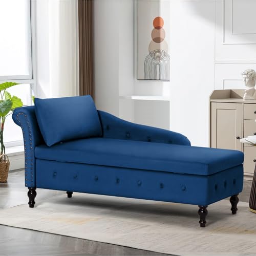Velvet Chaise Lounge w/Left Armrest & Storage Space, Blue, view 2