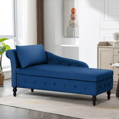 Velvet Chaise Lounge w/Left Armrest & Storage Space, Blue, view 2