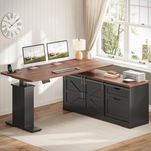 Farmhouse 55 inch L Shaped Standing Desk with Storage Drawers, view 2