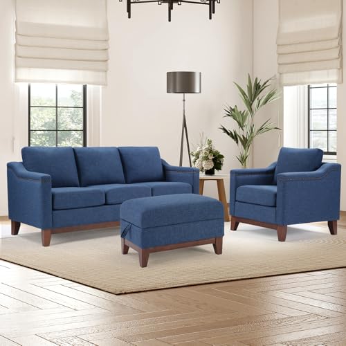 Modern 3 Piece Sofa Set with Rivets, Included Fabric Accent Chair, Upholstered 3-Seater Couches with Solid Wood Legs and Storage Ottoman, Living Room Furniture Set,Blue