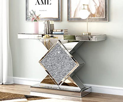 47.2'' Silver Console Table, Modern Entryway Tables with Diamond Shaped Mirror Finished, Glam Long Accent Narrow Table, Glass Sofa Table Foyer Table for Living Room Hallway Entrance