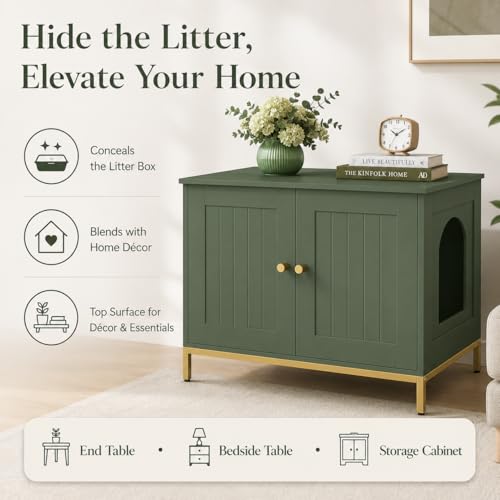Cat Litter Box Enclosure, Cat Washroom Furniture with Metal Frame, Pet House, Fit Most of Litter Box, Modern Style, Green and Gold
