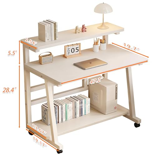 Rolling Computer Desk, 47.2 Inch Small Desks For Small Space, Portable Small Computer Desk with Monitor Stand & 3-Tier Storage, Portable Desk on Wheels for Writing, Home Office, Small Desk for Bedroom
