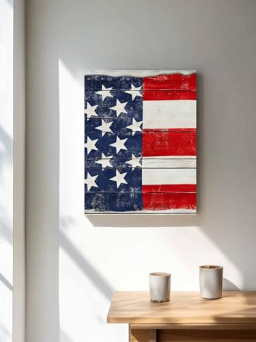 NuYeBiofx Independence Day American Flag Canvas Wall Art Prints,30"x20" Framed Picture Artwork Vintage Wood Grain Printed Canvas Oil Painting for Living Room Bedroom Office,Ready to Hang