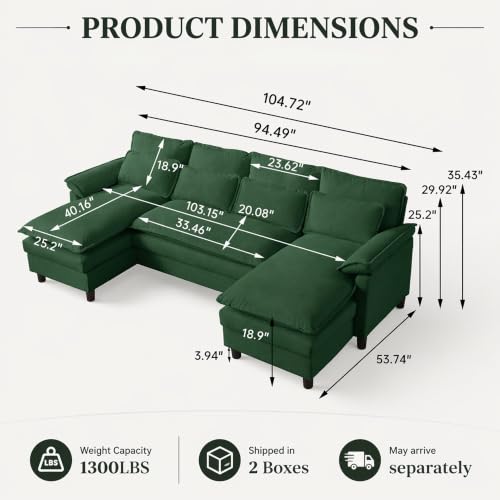 105" Convertible Sectional Sofa, U Shape Cloud Couch, Comfy Couches with Double Chaise and Sleepable Armrests, 4 Seats Sectional Couches for Living Room, Green