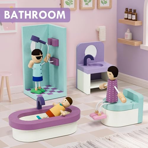 Wooden Dollhouse Furniture Set 39 Pcs with 5 Rooms, Family Dolls & Pets, All-Wooden Doll House Accessories and Furniture, Pretend Play Dollhouse Accessories Toy Gift for Kids 3+