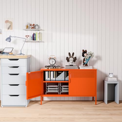 2 Door Accent Cabinet, Orange Metal Storage Cabinet with Adjustable Shelf, view 5