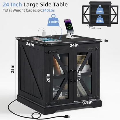 24" End Table with Charging Station, Farmhouse Night Stand with Glass Barn Door, Black Nightstands with Adjustable Storage Shelf, Large Wood Square Bed Side Table for Living Room,Bedroom