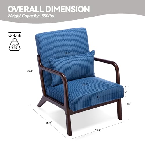 Mid Century Modern Corduroy Accent Chair, Living Room Chairs with Lumbar Pillow Boho Arm Chiar Reading Chair with Solid Wood Frame for Living Room Bedroom