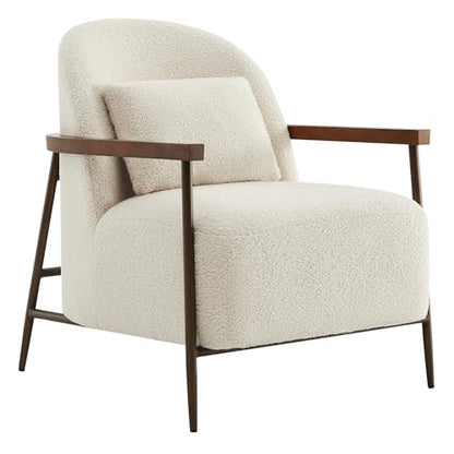 CHITA Accent Chair for Living Room, FSC Certified Modern Upholstered Faux Sherpa Fabric Armchair with Metal Frame and Wooden Armrests, Ivory