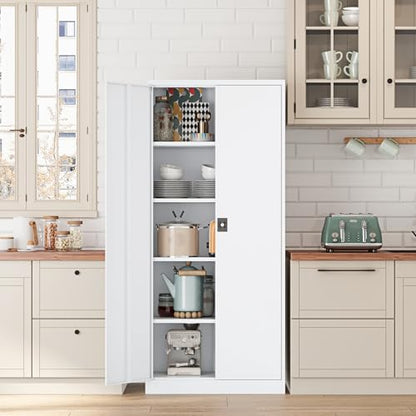 Metal Storage Cabinet-71” Tall Steel File Cabinets with Lockable Doors and Adjustable Shelves-White Steel Storage Cabinet for Home,Kitchen, School, Office, Garage