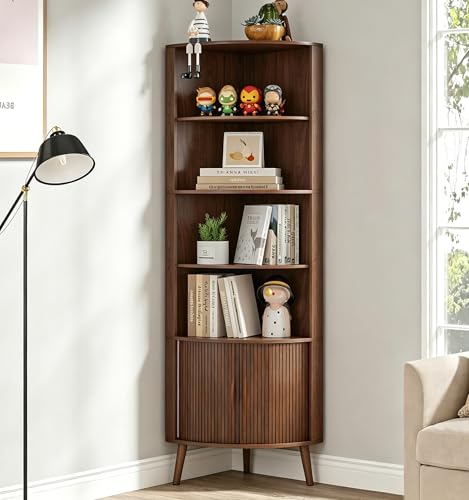 66'' Tall Corner Bookshelf with 2 Fluted Sliding Doors,Walnut, view 2