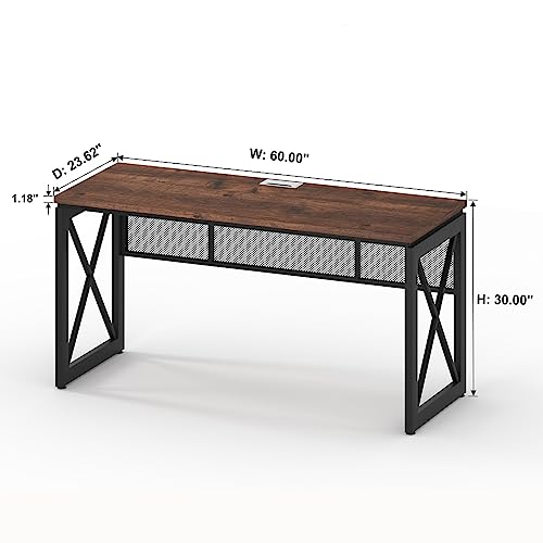 60 Inch Computer Desk for Home Office, Industrial Metal Wood Desks, Farmhouse Large Writing Table, Modern Sturdy Gaming Desk (Rustic Oak)