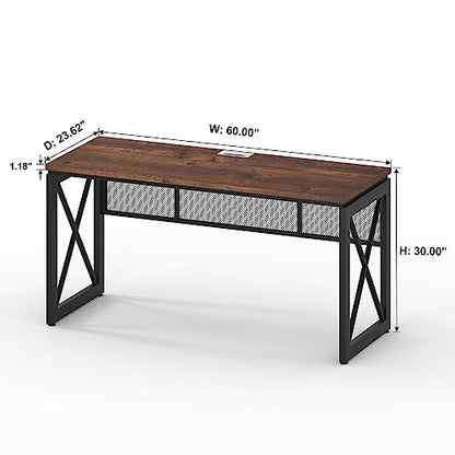 60 Inch Computer Desk for Home Office, Industrial Metal Wood Desks, Farmhouse Large Writing Table, Modern Sturdy Gaming Desk (Rustic Oak)
