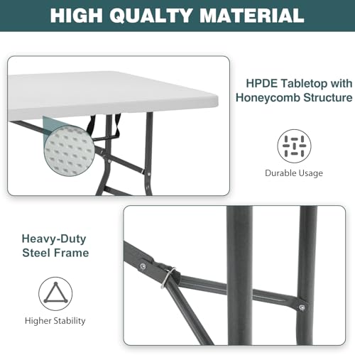 6 Foot Outdoor Dining Table, Foldable Portable Rectangular Plastic Folding Table with Built in Carrying Handle for Party and Wedding Use, White