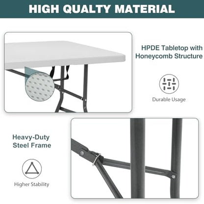 6 Foot Outdoor Dining Table, Foldable Portable Rectangular Plastic Folding Table with Built in Carrying Handle for Party and Wedding Use, White