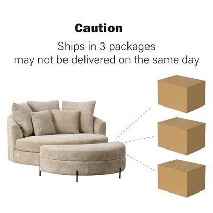 59.8" W Oversized Accent Barrel Chair Large Round Chair with Ottoman & Movable Wheels,Wheat