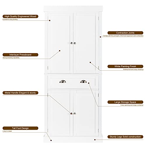 71-Inch White Storage Cabinets with Drawers, Freestanding Pantry Cabinets with Doors and Shelves Adjustable, Wood Farmhouse Kitchen Pantry Cupboard