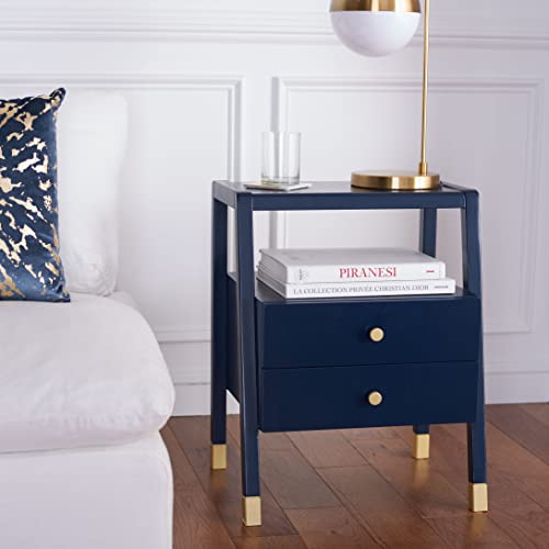 SAFAVIEH Furniture - Cove Navy & Gold 2-Drawer Accent Table Nightstand with Open Shelf, Modern Glam Bedroom Living Room Storage Furniture, 19"W x 15"D x 24"H (ACC6602A)