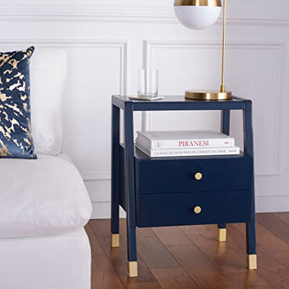 SAFAVIEH Furniture - Cove Navy & Gold 2-Drawer Accent Table Nightstand with Open Shelf, Modern Glam Bedroom Living Room Storage Furniture, 19"W x 15"D x 24"H (ACC6602A)