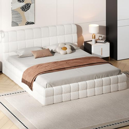 JIVOIT King Size Upholstered Platform Bed with Headboard, Berber Fleece Fabric (White & 12,King)