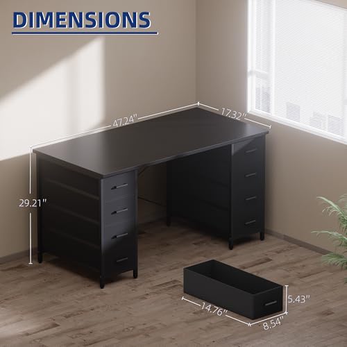 47 Inch Computer Desk with 8 Fabric Drawers PC Gaming Desk Home Office Study Work Writing Table for Bedroom Vintage