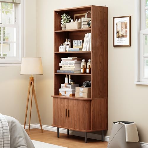 71" Bookshelf with Sliding Door, Bookcase Storage Cabinet, Walnut, view 7