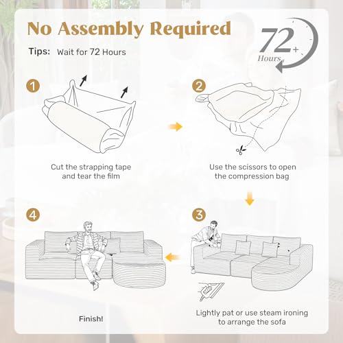 110" Modular Sectional Sofa Couches, Cloud Couches for Living Room, Boneless Sofa with Deep Seat,L-Shape Couch with Chaise,No Assembly Required,Beige,1 PCS