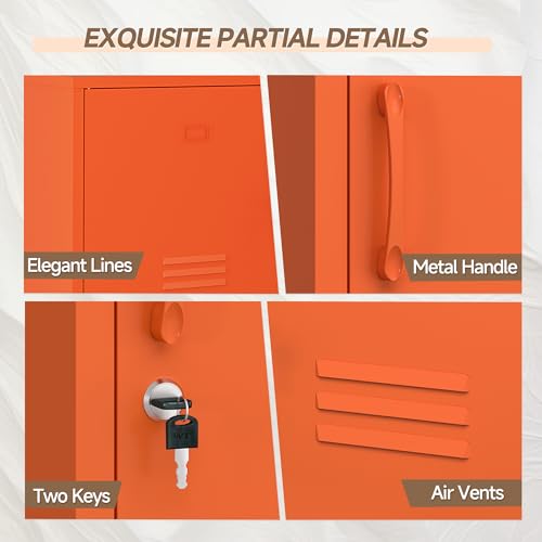 25.2" H Metal Locker Storage Cabinet with 2 Locks, Steel Low Lockerable Orange TV Stand with Adjustable Shelves, 2 Door Metal Accent Buffet Cabinet for Bathroom Kitchen Living Room Office