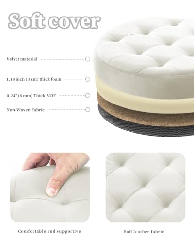 Folding Storage Ottoman Round 15Inch, Foot Stool with Thicker Foam Padded Seat Small Velvet Storage Ottoman Bench Foot Rest for Living Room Foldable Coffee Table,Beige