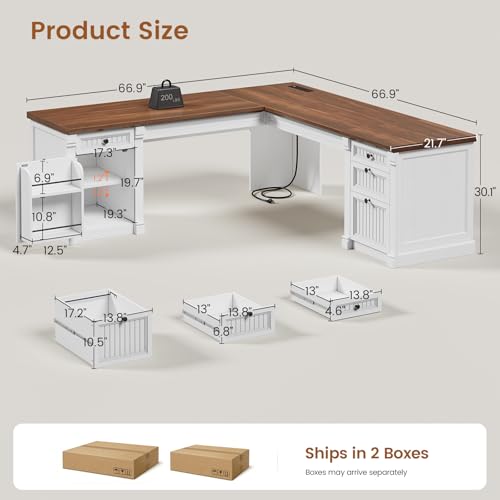 L Shaped Desk with 4 Drawers, 67"x 67" Executive Home Office Desk with File Drawers & Storage Cabinet, Corner Computer Desk with Power Strip for Bedroom, Brown+White