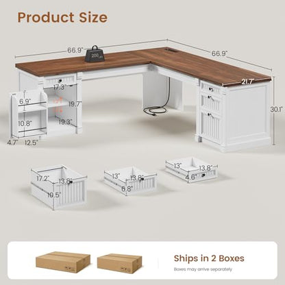 L Shaped Desk with 4 Drawers, 67"x 67" Executive Home Office Desk with File Drawers & Storage Cabinet, Corner Computer Desk with Power Strip for Bedroom, Brown+White