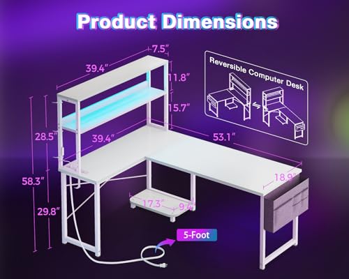 L Shaped Desk Gaming Desk with LED Light & Power Outlet, 53 Inch Reversible L Shaped Computer Table with Shelf, Corner Desk with Storage Bag&Hook for Home Office Desk, White