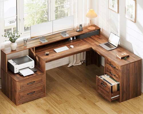Farmhouse 68 Inch L Shaped Executive Desk with Drawers, Walnut, view 2