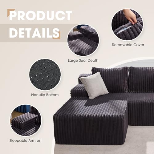 Boneless Couch Modular Sectional Sofa L-Shape Cloud Couch Lounge | 96" Left Facing Chaise Darkgrey,Memory Foam,Removable Cover,Non-slip Bottom,No Assemble Required,Furniture for Small Home
