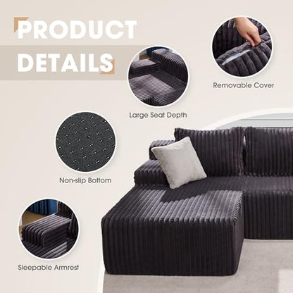 Boneless Couch Modular Sectional Sofa L-Shape Cloud Couch Lounge | 96" Left Facing Chaise Darkgrey,Memory Foam,Removable Cover,Non-slip Bottom,No Assemble Required,Furniture for Small Home