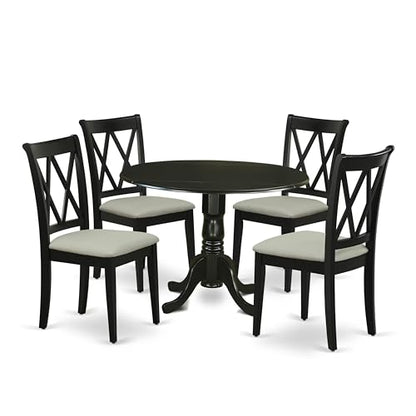 DLCL5-BLK-C 5 Piece Dining Room Table Set Includes a Round Dining Table with Dropleaf and 4 Linen Fabric Upholstered Chairs, 42x42 Inch, Black