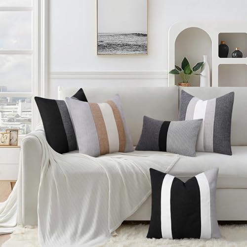 Linen Patchwork Pillow Covers 18x18 Set of 2 Farmhouse Decor