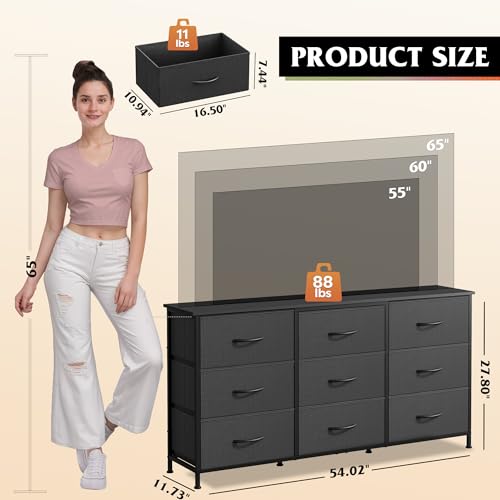 Dresser TV Stand for 65 Inch TV, 9 Drawer Dresser for Bedroom, Black, view 4