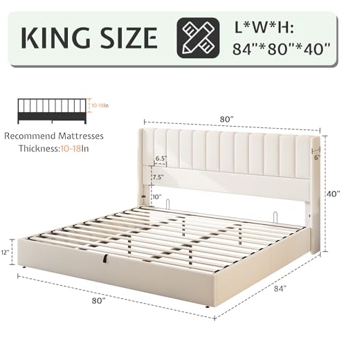 King Lift Up Storage Bed with Linen Wingback Headboard, White, view 3