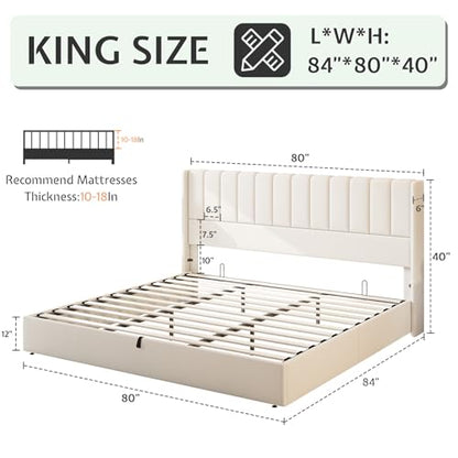 King Lift Up Storage Bed with Linen Wingback Headboard, White, view 3
