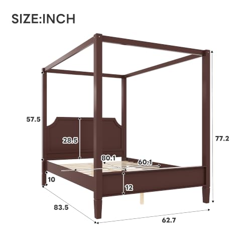 Walnut Queen Size Canopy Bed Frame Solid Wood 4 Poster Canopy Bed, view 3